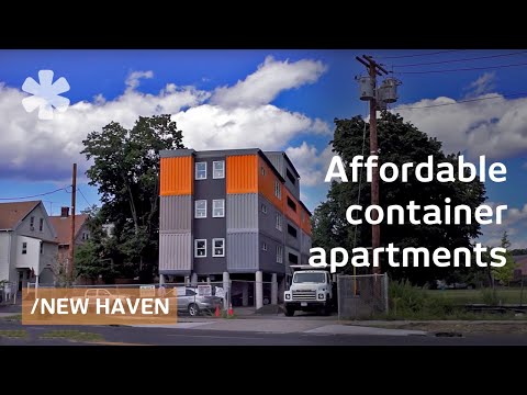 Stacked cargo containers in New Haven&#039;s &quot;LEGO&quot; apartments